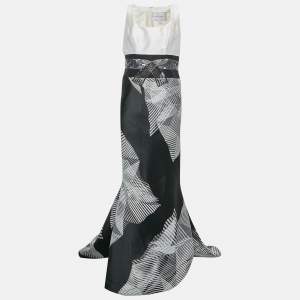 Carolina Herrera White & Black Silk Jacquard Embellished Detail Sleeveless Mermaid Gown L