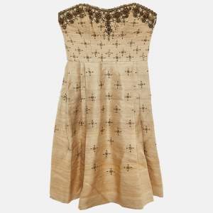 Carolina Herrera Beige Ombre Raw Silk Embellished Strapless Dress M
