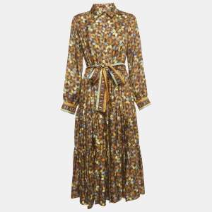 Pre Owned Carolina Herrera Brown Printed Silk Belted Maxi Dress M