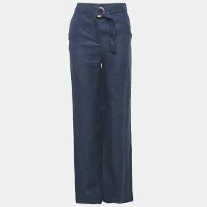 Pre Owned بنطلون كارولينا هيريرا حزام لينين أزرق مقاس صغير جدًا (إكس سمول)