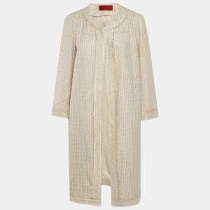 Pre Owned Carolina Herrera Beige Tweed Open Front Coat L