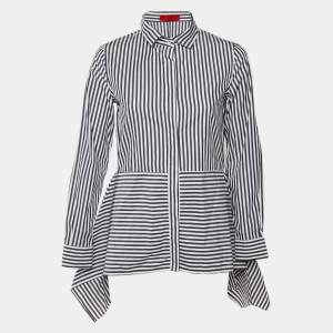 Pre Owned CH Carolina Herrera Navy Blue & White Striped Cotton Asymmetric Hem Shirt M