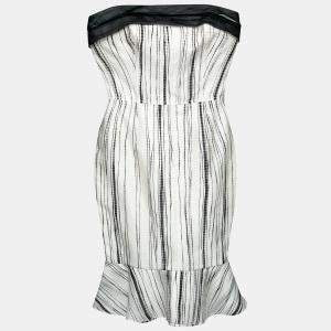 Pre Owned Carolina Herrera Monochrome Irregular Striped Silk Strapless Flounce Dress S