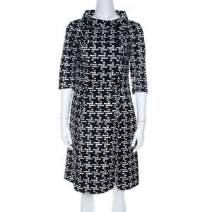 Pre Owned CH Carolina Herrera Black and White Printed Silk Blend Portrait Collar Dress M 