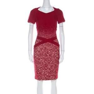 Pre Owned Carolina Herrera Red Textured Wool Short Sleeve Pencil Dress M 