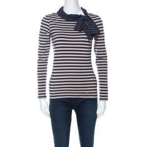 CH Carolina Herrera Blue and Beige Striped Cotton Jersey Necktie Detail Top XS