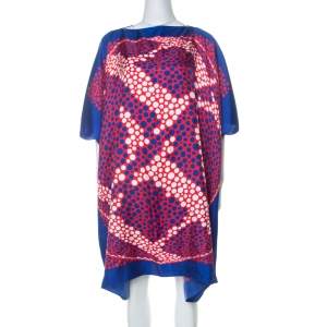 Pre Owned Carolina Herrera Blue & Red Printed Silk Midi Kaftan S