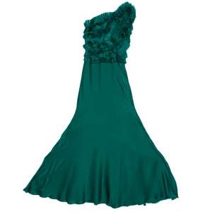Carolina Herrera Green Silk Pleated Ruffle Bodice Evening Gown XS