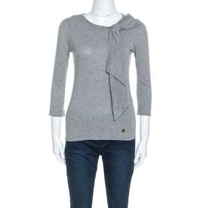 Carolina Herrera Grey Wool Blend Jersey Bow Detail Top XS