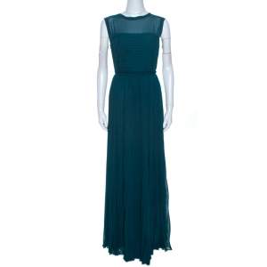 CH Carolina Herrera Green Crepe Pleated Sleeveless Maxi Dress L