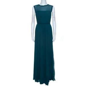 Pre Owned CH Carolina Herrera Green Crepe Pleated Sleeveless Maxi Dress L