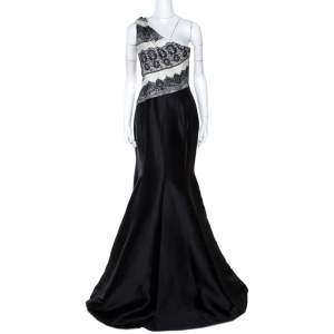 Pre Owned Carolina Herrera Monochrome Lace Print Silk One Shoulder Evening Gown M