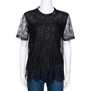 Pre Owned CH Carolina Herrera Black Lace Logo Applique Crew Neck Short Sleeve Top XS