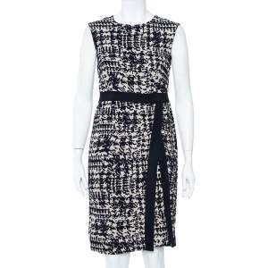 CH Carolina Herrera Navy Blue & Beige Wool Jacquard Sleeveless Sheath Dress M