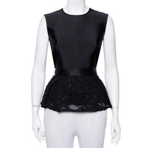 Pre Owned CH Carolina Herrera Black Satin & Lace Belted Peplum Top M