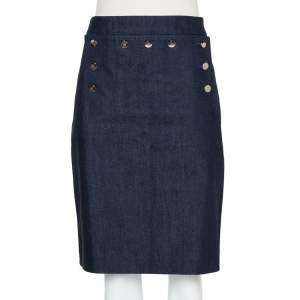 CH Carolina Herrera Navy Blue Denim Button Detail Knee Length Skirt L