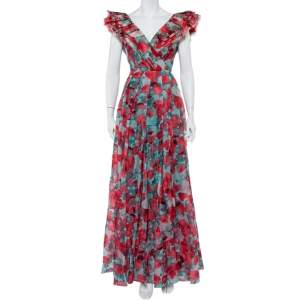Pre Owned CH Carolina Herrera Multicolor Abstract Printed Silk Ruffled Pleated Maxi Dress L