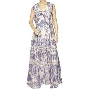 Pre Owned Carolina Herrera Light Pink Floral Fil Coupe Pleated Bow Detail Gown XL