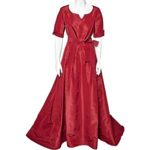 Pre Owned Carolina Herrera Burgundy Silk Taffeta Pleated Detail Belted Gown L