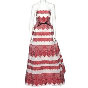 Carolina Herrera Red Striped Lace Embroidered Organza Bow Detail Strapless Gown M