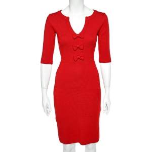 CH Carolina Herrera Red Wool Knit Bow Detail Dress XS