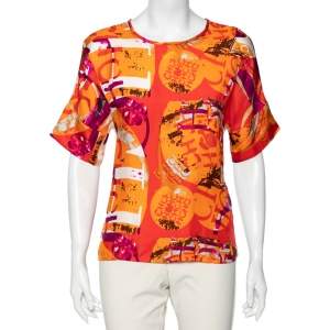 Pre Owned CH Carolina Herrera Multicolor Logo Printed Silk Crew Neck Top XS