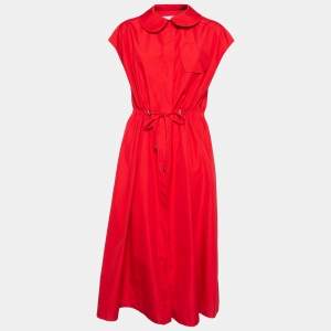Carolina Herrera Red Taffeta Drawstring Waist Button Front Dress L