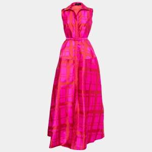 Pre Owned CH Carolina Herrera Pink and Red Gemoetric Jacquard Maxi Shirt Dress M