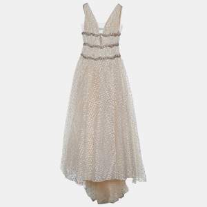 Carolina Herrera Ivory Lurex Jacquard Crystal Embellished Gown M 