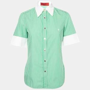 Pre Owned CH Carolina Herrera Green Striped Cotton Button Front Short Sleeve Shirt M