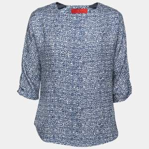CH Carolina Herrera Blue Printed Crinkled Silk Blouse M