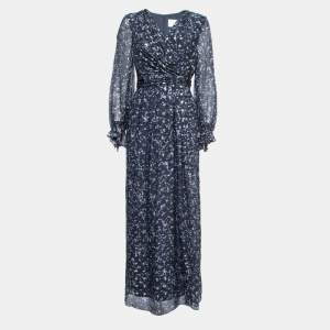 Carolina Herrera Navy Blue Printed Lurex Inset Silk Maxi Dress M