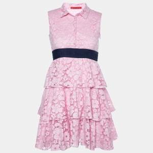 CH Carolina Herrera Pink Lace Contrast Waist Detail Sleeveless Tiered Mini Dress L