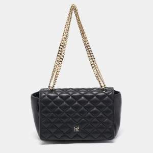 Carolina Herrera Black Quilted Leather Flap Chain Shoulder Bag