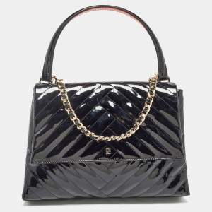 Carolina Herrera Black Diagonal Quilted Patent Leather Flap Top Handle Bag