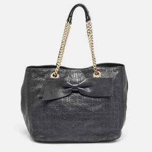 Carolina Herrera Black Monogram Embossed Leather Audrey Tote