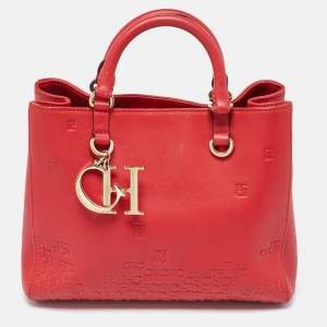 Carolina Herrera Red Monogram Embossed Leather Duchess Tote