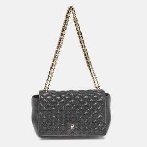 Carolina Herrera Black Quilted Textured Patent Leather Flap Chain Shoulder Bag