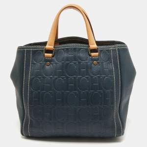 Pre Owned Carolina Herrera Blue/Beige Monogram Embossed Leather Andy Tote