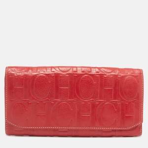 Carolina Herrera Red Monogram Embossed Leather Flap Continental Wallet