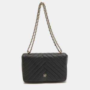 Pre Owned Carolina Herrera Black Quilted Leather CHHC Flap Shoulder Bag