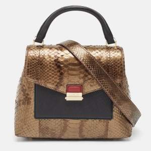 Carolina Herrera Black/Bronze Python and Leather Pushlock Flap Top Handle Bag