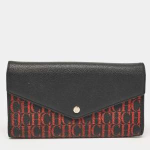 Carolina Herrera Black/Gold Monogram Coated Canvas and Leather Envelope Flap Clutch