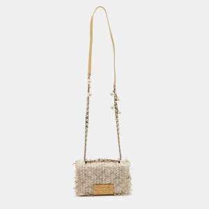 Carolina Herrera Gold/White Woven Fabric and Crystals Logo Flap Shoulder Bag