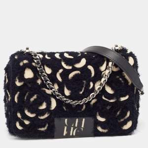 Carolina Herrera Black Leather and Tweed Floral Applique Shoulder Bag