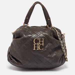 Carolina Herrera Dark Brown Quilted Leather Pleated Chain Satchel