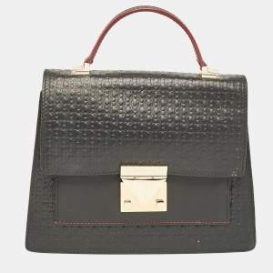  Carolina Herrera Black Monogram Embossed Leather Flap Top Handle Bag