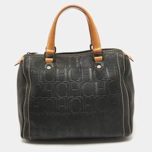 Carolina Herrera Black/Beige Monogram Embossed Leather Andy Boston Bag