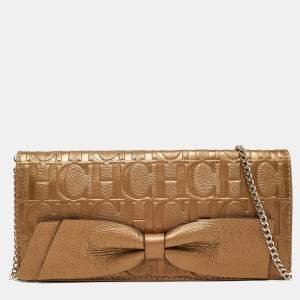 Carolina Herrera Gold Monogram Embossed Leather Audrey Chain Clutch