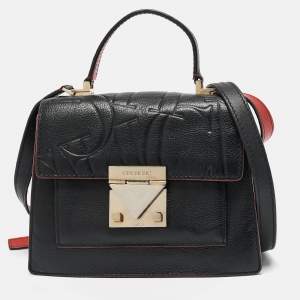 Carolina Herrera Black Embossed Leather Pushlock Flap Top Handle Bag